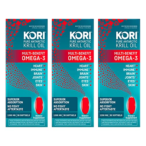 Kori Krill Antarctic Krill Oil Omega 3 Supplement, EPA & DHA, Krill Oil Supplements with Superior Absorption vs. Fish Oil, 1200 mg, 30 softgels (Pack of 3)
