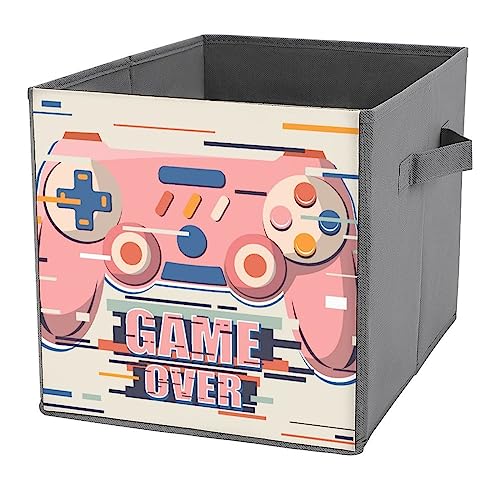 DamTma Retro Game Joystick Storage Cubes Fabric Foldable Cute Pink Controller Storage Bin Organizer Storage Boxes with Handles for Clothing Toys Books 11 Inch