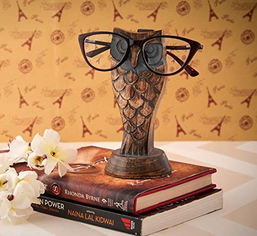 Eximious India Womens day Gift Wooden Owl Glasses Holder Stand Reading Nightstand Eyeglass Retainer Mom Dad Car Stocking Stuffers for Adults Risers SPGR02