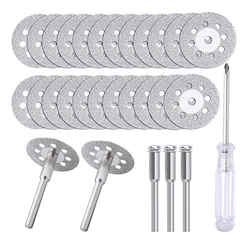 ALLmuis c i y 545 Diamond Cutting Wheel (22mm) 25pcs with 402 Mandrel (3mm) 5pcs and Screwdriver for Rotary Tool