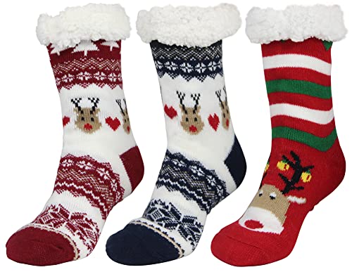 Sooneeya Slipper Socks Non Slip with Gripper Women Thick Warm Cozy Soft Fuzzy Slipper Socks Holiday Gifts Christmas Red Christmas Blue Deer -3 Pair