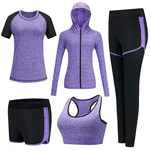 XPINYT 5pcs Workout Outfits for Women Athletic Sets Sport Suits Yoga Gym Fitness Exercise Clothes Jogging Tracksuits (Purple, Medium)
