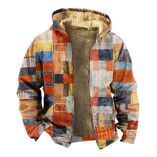 Men's Western Vintage Print Sherpa Fleece Lined Jackets Camo Pants Mens Hoodies Graphic Design Medium Tshirts Shirts Men Winter Flannel with Pocket（4-Orange,X-Large）
