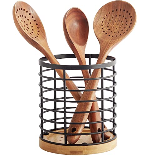 WDT Tool Utensil holder for Kitchen Counter - 5.2' x 5.2' x 6' Large Round with Wooden Base Matte Black Cooking Utensil Holder Utensil Organizer (Metal+Bamboo)