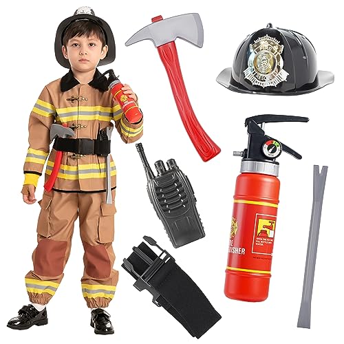Spooktacular Creations Kids Firefighter Costume, Brown Fireman Costume with Complete Firefighter Accessories for Kids Halloween Dress-up Parties, Fireman Role Play-S