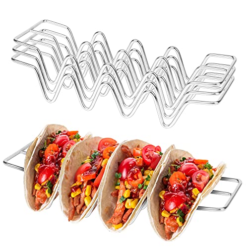 JIBOLAT Taco Holders set of 3,Stainless Steel Taco Shell Holder Stand,Taco Tray Plates for Taco Bar Gifts Accessories,Holds 4 Tacos Each,Oven Safe for Baking, Dishwa sher and Grill Safe