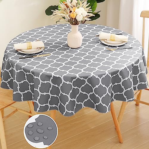 smiry Round Plastic Table Cloth, Waterproof Vinyl Tablecloth with Flannel Backing for Round Tables, Wipeable & Spillproof for Dining, Camping, Indoor and Outdoor (60' Round, Grey)