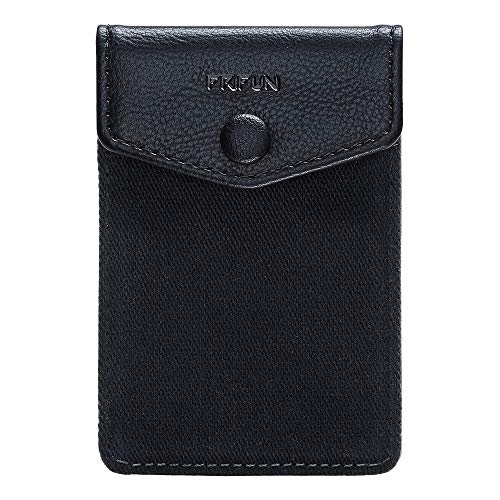 FRIFUN Card Holder for Back of Phone with snap Ultra-Slim Self Adhesive Phone Wallet Stick on Cell Phone RFID Blocking Sleeve Covers Credit Cards and Cash (Black)