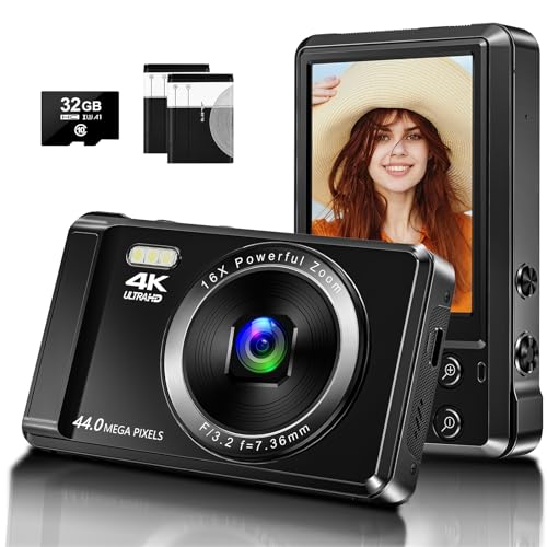 Digital Camera 4K UHD Vlogging Camera, 44MP Autofocus Compact Camera with 16X Digital Zoom, Rechargeable Point and Shoot Digital Camera with 32GB SD Card, 2 Batteries for Teens Kids Boys Girls