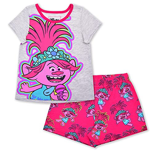 DreamWorks Universal Trolls Poppy Girls 2 Piece T-Shirt and Short Set for Toddlers and Big Kids – Pink/Grey