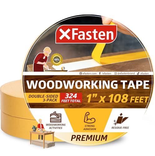 XFasten Double Sided Woodworking Tape, 1-Inch by 36-Yards, 3-Pack - Double Face Woodworker Turner's Tape for Wood Template, Removable & Residue Free