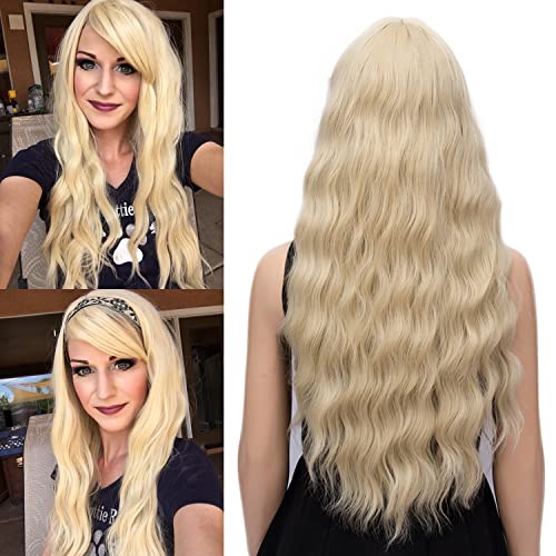 Netgo Blonde Wig, Platinum Blonde Wig with Bangs, Long Curly Wavy Hair Wigs for Women, Heat Friendly Synthetic Cosplay Halloween Party Wigs for Girl