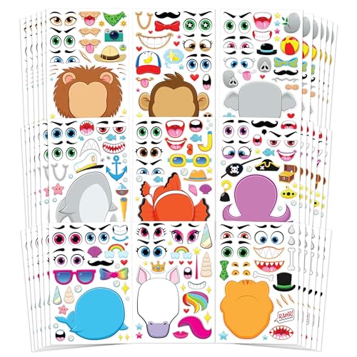 JOYIN 36 PCS 9.8”x6.7' Make-a-face Sticker Sheets Make Your Own Animal Mix and Match Sticker Sheets with Safaris, Sea and Fantasy Animals Kids Party Favor Supplies Craft