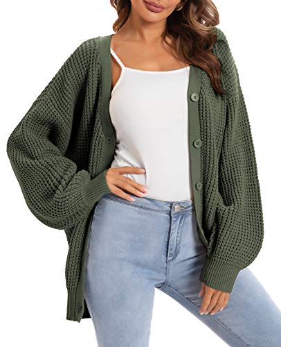 QUALFORT Women's 100% Cotton Cardigans Sweater Button up Lantern Sleeve Green XXX-Large