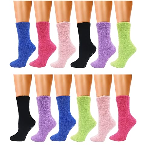 12 Pairs Fuzzy Slipper Socks, Soft Fluffy Cozy Non-Skid Gripper Soles for Women Girls, Warm Winter Bulk Pack