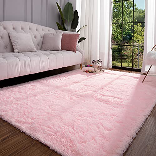 Keeko Premium Fluffy Pink Area Rug Cute Shag Fuzzy Rug, 4x5.3 Ultra Soft Shaggy Rug Faux Fur Carpet for Bedroom Indoor Modern Washable Rugs for Bedroom Living Room Girls Kids Pink Home Room Decor