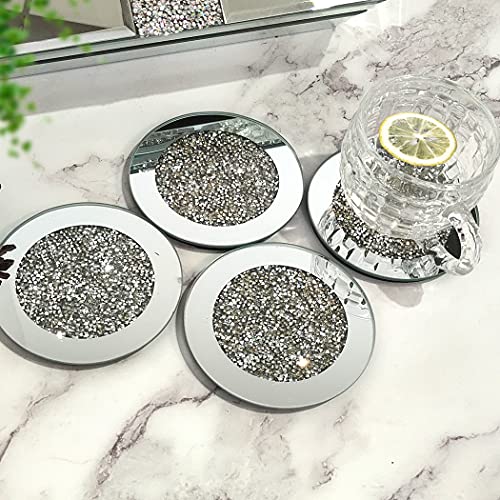 GIMORRTO Glass Mirrored Coaster 4 PC, Crushed Diamond Round 4' Cup Mat Decor on Tabletop for Bar Tools Dining Table