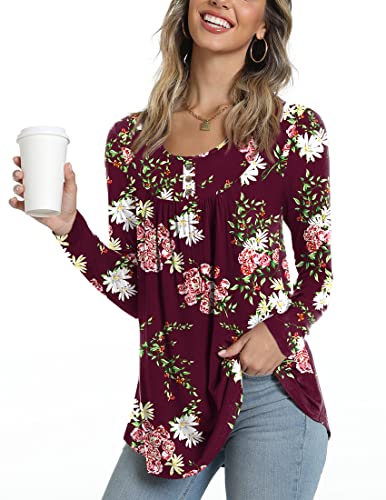 POPYOUNG Women's Casual Long Sleeve Tunic Tops Loose Fit Pleated Fall T-Shirt Blouses L, Floral Wine