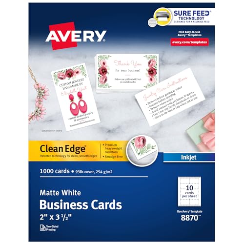 Avery Clean Edge Printable Business Cards with Sure Feed Technology, 2' x 3.5', White, 1,000 Blank Cards for Inkjet Printers (08870)