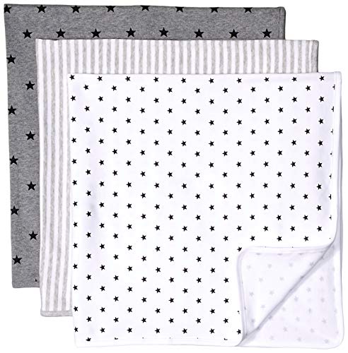 Amazon Essentials Unisex Kids' Swaddle Blankets, Pack of 3, Charcoal Heather/Light Grey Vertical Stripe/White Stars, One Size
