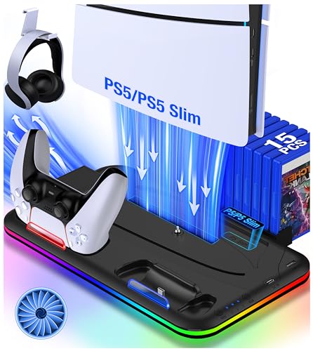 PS5 Stand, PS5 Slim Stand with Cooling Station and Controller Charging Station for PS5 Slim Console Disc/Digital, PS5 Accessories-Cooling Fan, RGB LED, Headset Holder, 15 Game Slot for Playstation 5