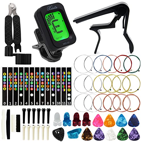 Anvin Acoustic Guitar Accessories Kit Including acoustic Guitar Strings, tuner, guitar capo, 3-in-1 restring tool, guitar picks, pick holder, bridge pins, guitar nuts saddles, finger picks (53 Pcs)