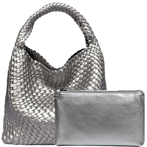 Women Vegan Leather Hand-Woven Tote Handbag Fashion Shoulder Top-handle Bag All-Match Underarm Bag with Purse (Gun silver)