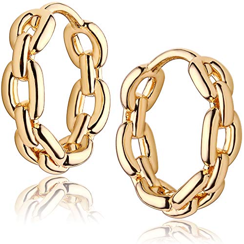 Mevecco 18K Gold Plated Chain Link Huggie Earrings with Shining White Cubic Zriconia Geometry Cute Tiny Arched Awl Hoop Earrings for Women