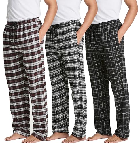 3-Pack Men's Cotton Flannel Plaid Pajama Pants - Super Soft, Button Fly Sleepwear