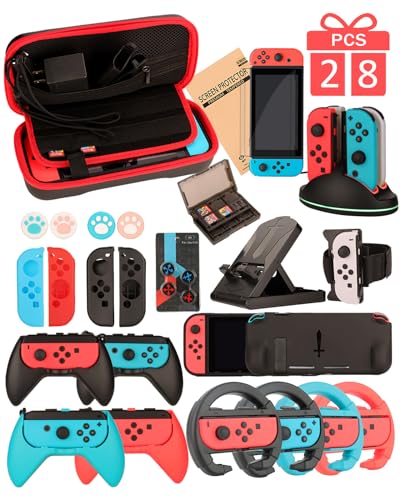 Switch Accessories - Family Bundle Accessories for Nintendo Switch, Carry Case& Screen Protector,4 Pack Joy Con Grips and Steering Wheels, Case Cover,Stand Mount,Joy Con Charger and More.