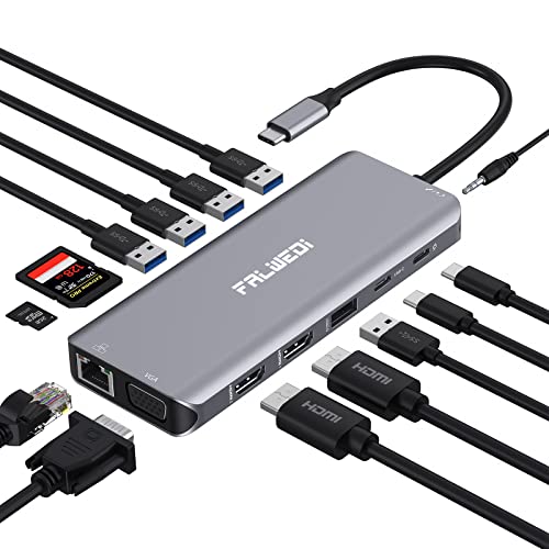 USB C Laptop Docking Station, 14 in 1 Type C Hub Multiport Adapter Dongle with 3 Monitors, Dual HDMI, VGA, PD, Ethernet, SD/TF, USB C/A Ports, Mic/Audio, Compatible for Dell/Surface/HP/Lenovo Laptops