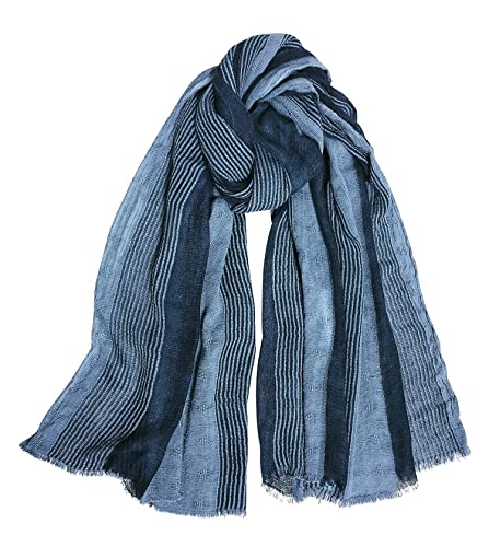 GERINLY Cotton-Linen Scarves Mens Stripe Crinkle Long Scarf European Neck Wrap Bufanda de Hombres Fashion (Blue)