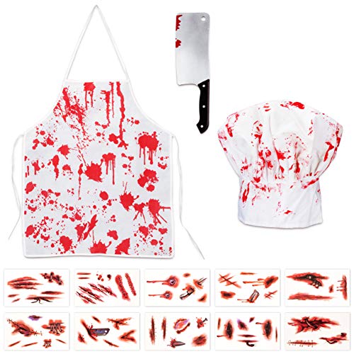 jollylife Halloween Bloody Butcher Costumes Scary Set - Cooking Chef Apron Hat Weapon Knife Tattoo Stickers Zombie Party Accessories Decorations 13Pieces