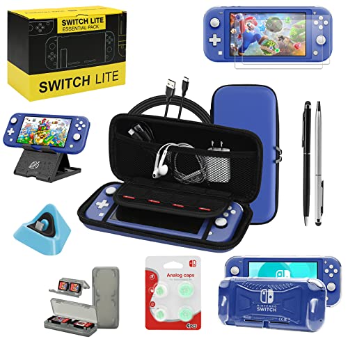 Switch Lite Accessories Bundle, Kit with Carrying Case,TPU Case Cover with Screen Protector,Charging Dock,Playstand, Game Card Case, USB Cable, Stylus,Thumb Grip Caps for Nintendo Switch Lite (Blue)