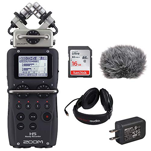 Zoom H5 Handy Recorder Kit with a Custom Windbuster, AD-17 AC Adapter, Closed-Back Stereo Headphones and a 16GB Memory Card