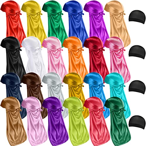 28 Pcs Silky Durags Set Includes 24 Satin Durag for Men Women Long Tail Headwraps with 4 Elastic Wave Cap (Assorted Color)