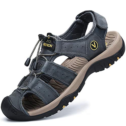 FLARUT Men's Sport Sandals Outdoor Hiking Sandals Closed Toe Leather Athletic Lightweight Trail Walking Casual Sandals Water Shoes (A-Gray,44)