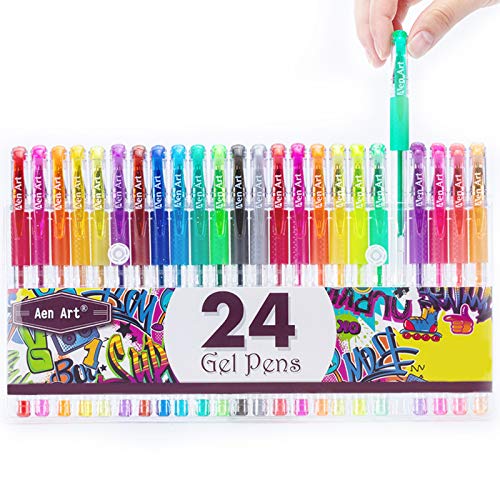 Aen Art Glitter Gel Pens Colored Fine Tip Markers with 40% More Ink for Adult Coloring Books, Drawing and Doodling (24 Colors)