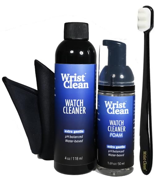 WRISTCLEAN Deluxe Watch Cleaning Kit - Watch Cleaner 50ML Foam & 4oz Refill - Includes 2 x 10' x 10' Large Watch & Jewelry Cleaner Cloth, Soft Watch & Jewelry Cleaning Brush