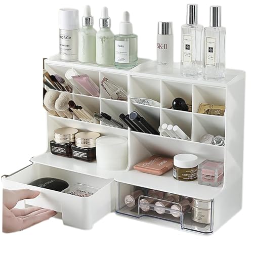 Skin care Makeup Organizer, Large Capacity with Drawers for Vanity, Makeup Brush, Nail Polish and Beauty Supplies Holder for Lipstick, Brushes, Lotions, Eyeshadow, and Jewelry (White Transparent)