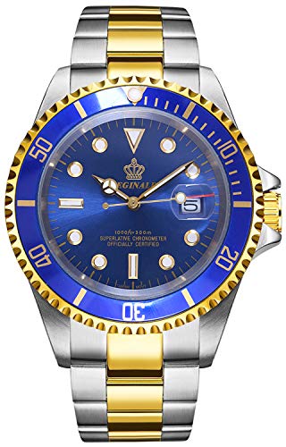 Reginald Watch Men Gold Rotatable Bezel Waterproof Sapphire Stainless Steel Date Quartz Black Watches (Gold/Blue)