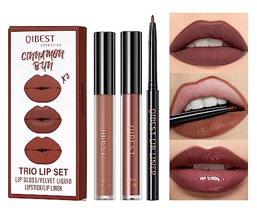 MAEPEOR All In One Lip Kit 3 In 1 Smooth Lipliner Lipgloss and Lipstick Set with Matte Velvet Liquid Lipstick Hydrating Moisturizing Lip Gloss and Creamy Lip Liner (Kit 03, Cinnamon Bun)