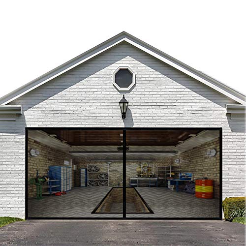 LIAMST Garage Door Screen 16x7FT for 2 Car Garage Doors, Reinforced Fiberglass Garage Screen ， Hands Free, Magnetic Garage Screen Door