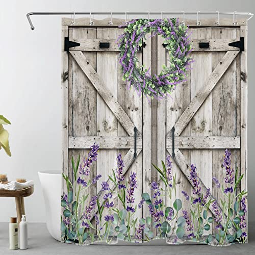 Western Barn Door Shower Curtain for Bathroom, Purple Lavender and Green Eucalyptus Wreath on Rustic Wood Boards Fabric Shower Curtain with Hooks, Botanical Bathroom Curtains Shower Set, 60x72 inches