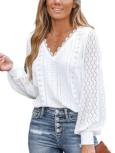 CUPSHE Women Cutout Scalloped Lace Top Long Lace Sleeves Shirts V Neck Blouses M White