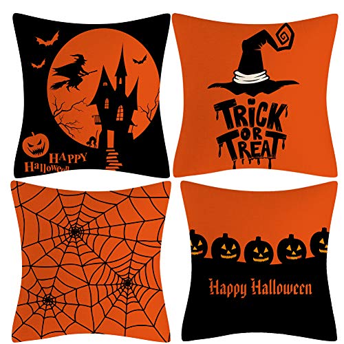 4 Pieces Halloween Decorative Throw Pillow Covers Square Linen Cushion Covers Outdoor Couch Sofa Home Pillow Cases for Halloween Party Favors Supplies 18x18 Inch (Pillow Inner not Included)