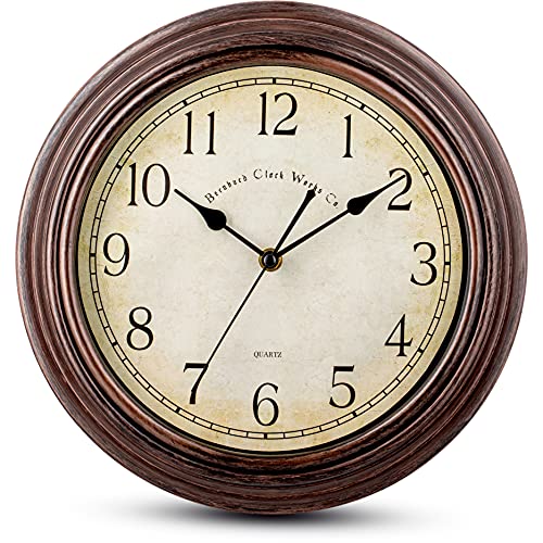 Bernhard Products Vintage Wall Clock Silent Non Ticking - 12 Inch Quality Quartz Battery Operated Decorative Brown Clock for Home Kitchen Living/Dining Room Office Decor, Easy to Read, Rustic Bronze