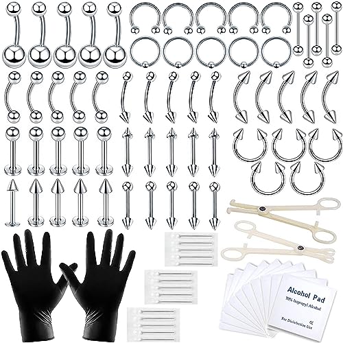 A-minusone 84PCS Body Septum Piercing Kit 14G 16G Tools for Nose Tongue Lip Ear Eyebrow Belly Button Cartilage Tragus Industrial Barbell Helix Daith Piercing Jewelry Clamps