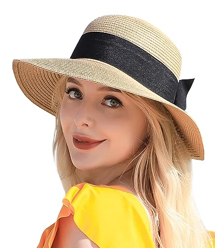 Beach Sun Hats for Women, Straw Hat for Women UPF 50+ UV Sun Protection Summer Hat Foldable Roll up Cap A-Khaki
