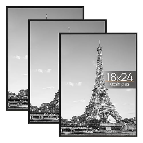 upsimples 18x24 Frame Black 3 Pack, Poster Frames 18 x 24 for Horizontal or Vertical Wall Mounting, Scratch-Proof Wall Gallery Photo Frame